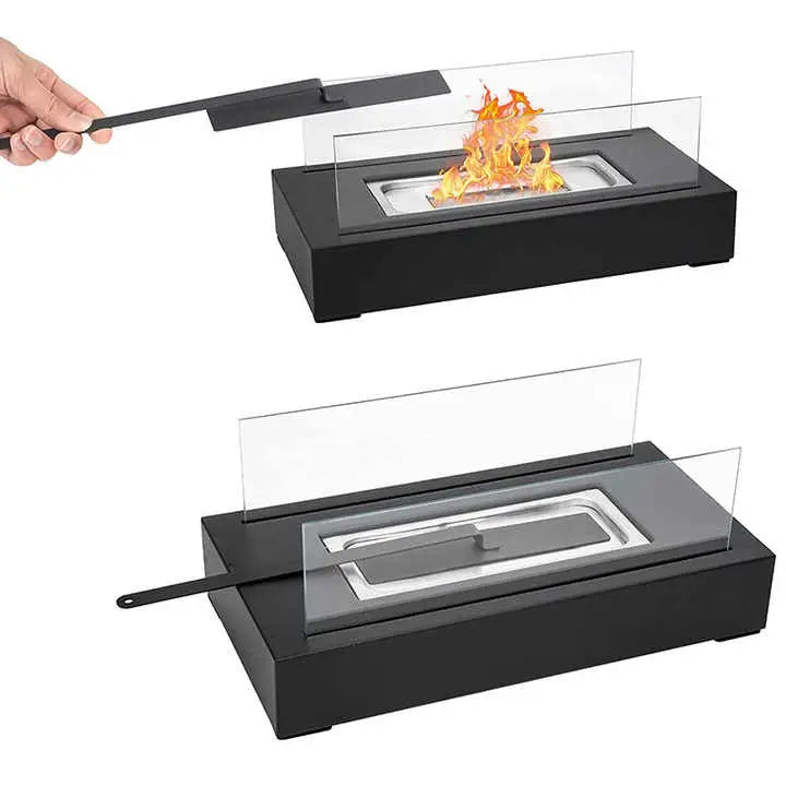 Not removable Portable Tabletop Bioethanol Fireplace - Black Rectangular Design with Glass Shields - Home & Garden >