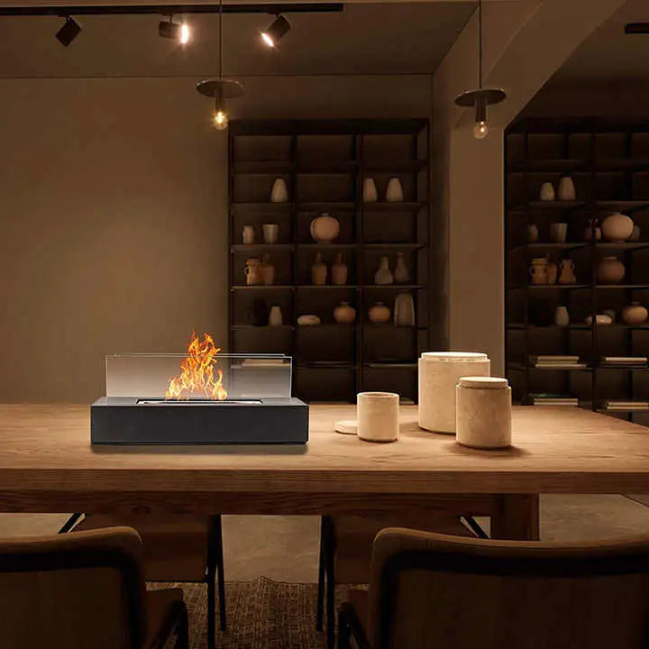 Not removable Portable Tabletop Bioethanol Fireplace - White Rectangular Design with Glass Shields - Home & Garden >