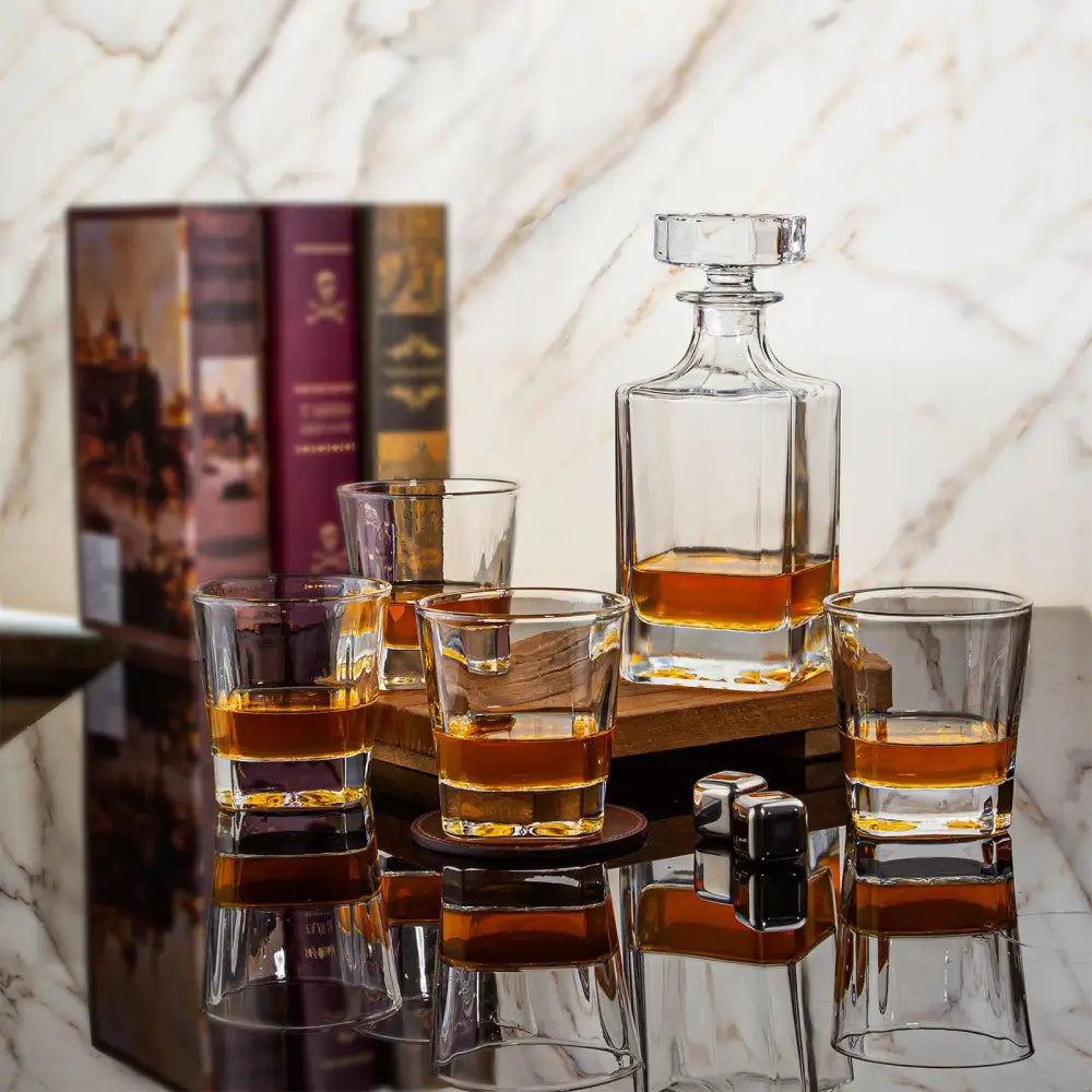 Novare Square Whiskey Decanter Bottle With 4 Whiskey Glasses Set - Home & Garden > Kitchenware
