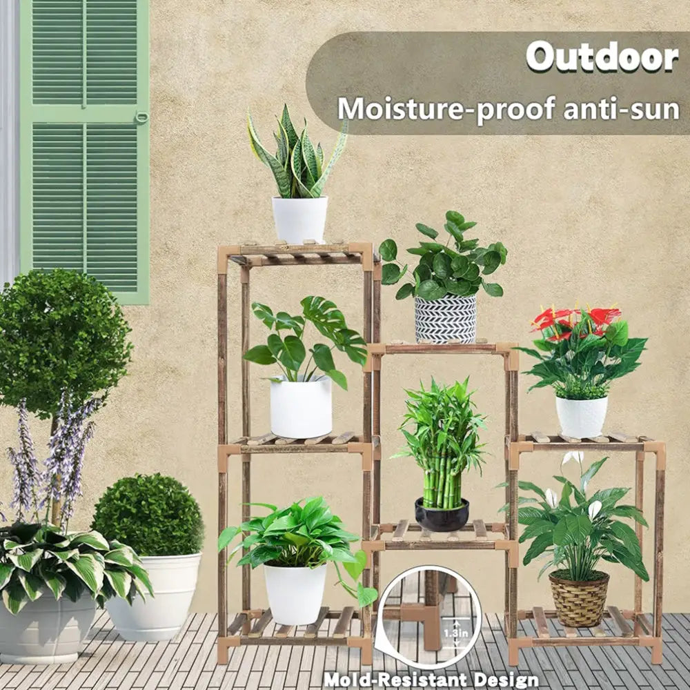 NOVEDEN Wood Plant Stand Indoor Outdoor (3 Tiers 7 Potted Ladder) NE-PS-100-YT - Home & Garden > Decor