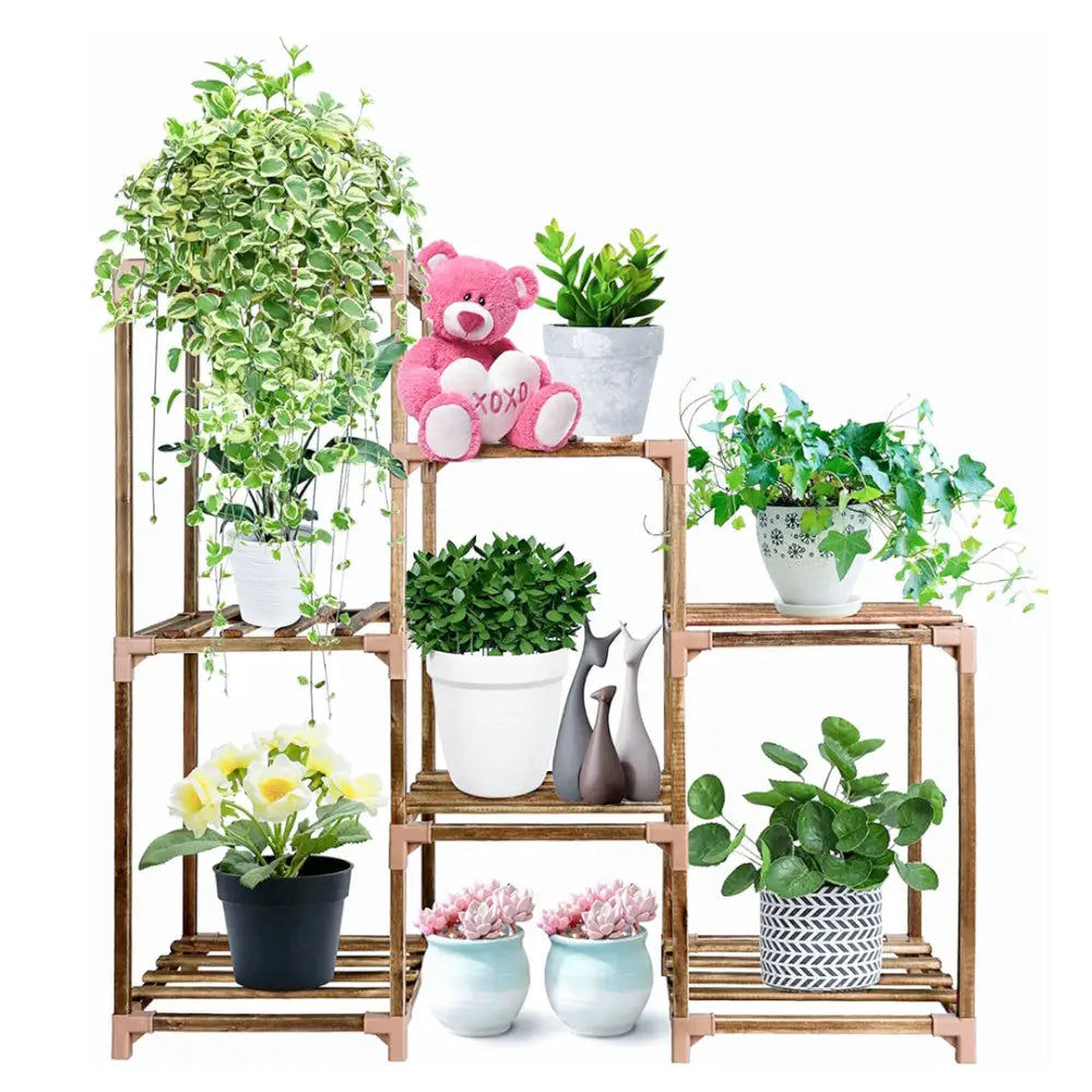 NOVEDEN Wood Plant Stand Indoor Outdoor (3 Tiers 7 Potted Ladder) NE-PS-100-YT - Home & Garden > Decor