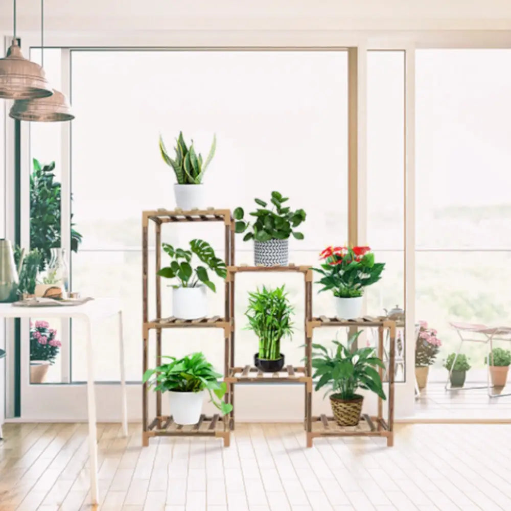 NOVEDEN Wood Plant Stand Indoor Outdoor (3 Tiers 7 Potted Ladder) NE-PS-100-YT - Home & Garden > Decor