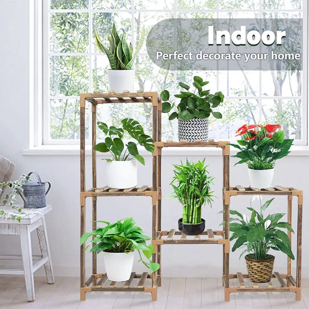 NOVEDEN Wood Plant Stand Indoor Outdoor (3 Tiers 7 Potted Ladder) NE-PS-100-YT - Home & Garden > Decor
