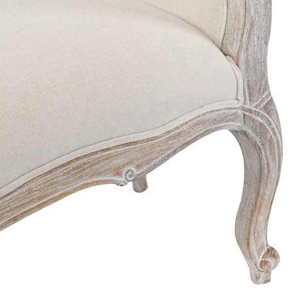 Oak Wood Linen Fabric Beige White Washed Finish Bench Chair - Furniture > Bar Stools & Chairs