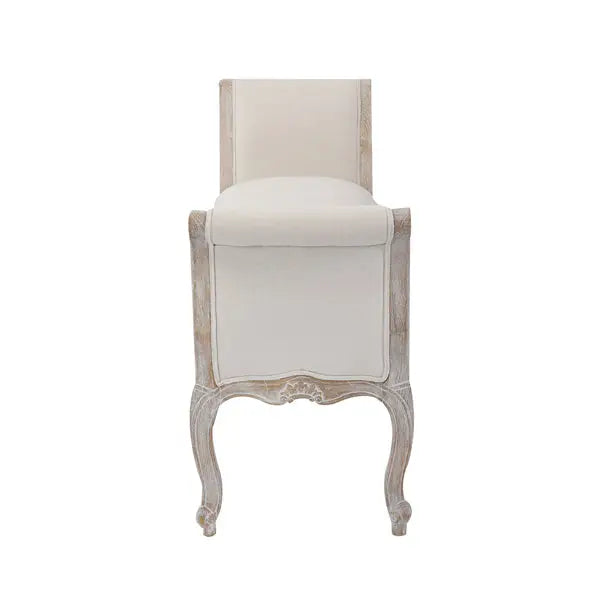 Oak Wood Linen Fabric Beige White Washed Finish Bench Chair - Furniture > Bar Stools & Chairs