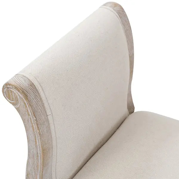 Oak Wood Linen Fabric Beige White Washed Finish Bench Chair - Furniture > Bar Stools & Chairs