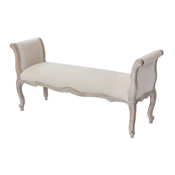 Oak Wood Linen Fabric Beige White Washed Finish Bench Chair - Furniture > Bar Stools & Chairs