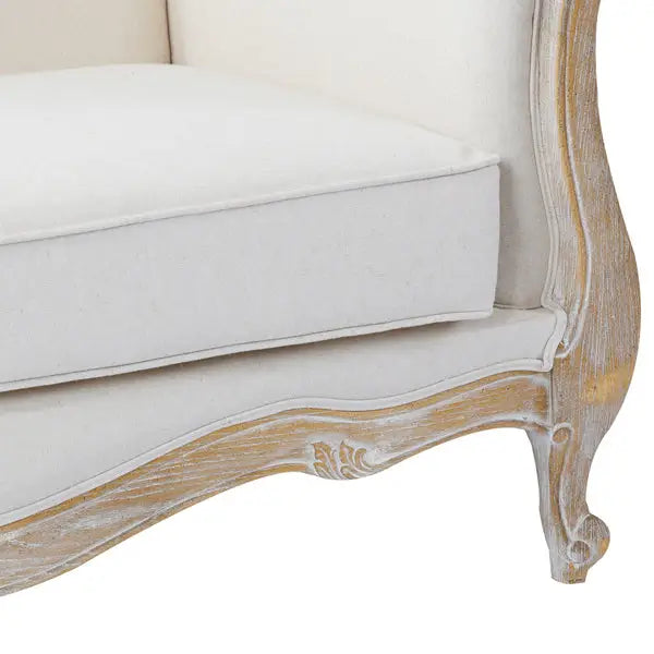 Oak Wood White Washed Finish Rolled Armrest 2 Seater Sofa Linen Fabric - Furniture > Sofas