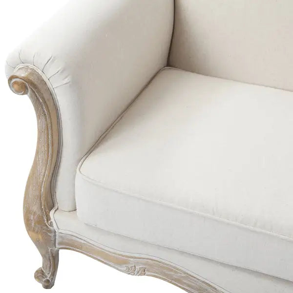 Oak Wood White Washed Finish Rolled Armrest 2 Seater Sofa Linen Fabric - Furniture > Sofas