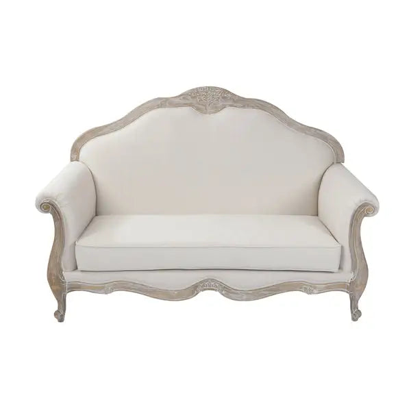 Oak Wood White Washed Finish Rolled Armrest 2 Seater Sofa Linen Fabric - Furniture > Sofas