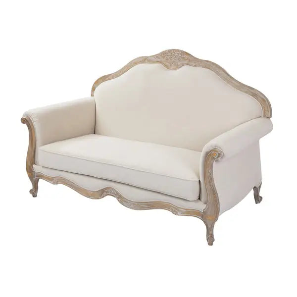Oak Wood White Washed Finish Rolled Armrest 2 Seater Sofa Linen Fabric - Furniture > Sofas