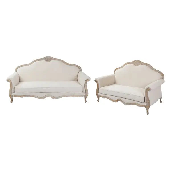 Oak Wood White Washed Finish Rolled Armrest 3 + 2 Seater Sofa Set Linen Fabric - Furniture > Sofas