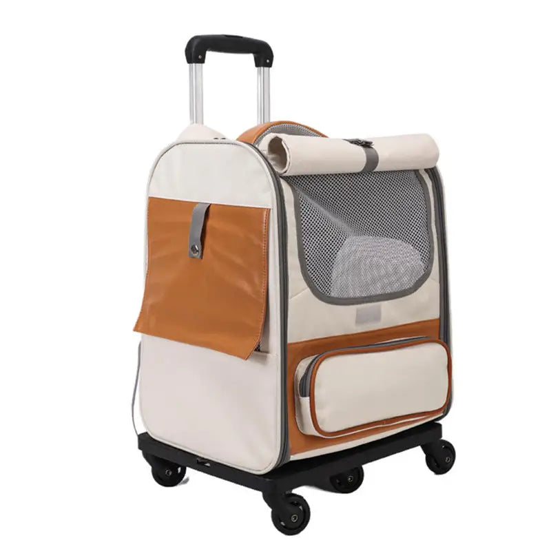 Off-white Large Capacity Breathable Foldable Pet Trolley - Travel Cat Carrier with Wheels Portable Spacious