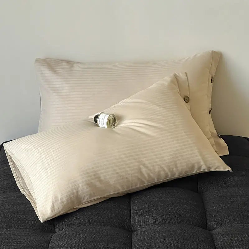 Off White Pinstripe Long Staple Cotton Sateen Pillowcase Set - Jacquard Striped Pure Cotton 48x74cm (Pair) - Home &