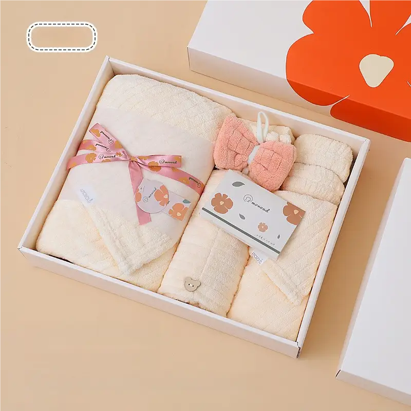 Off White Soft Coral Fleece Towel and Bath Towel Gift Set - 5-Piece Luxurious Absorbent Set - Home & Garden > Bathroom