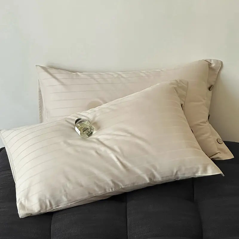 Off White Wide Stripes Long Staple Cotton Sateen Pillowcase Set - Jacquard Striped Pure Cotton 48x74cm (Pair) - Home &