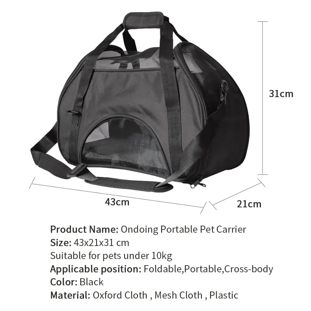 Ondoing Black Portable Pet Carrier Tote Travel Bag Kennel Soft Dog Crate Cage Outdoor - Pet Care > Cat Supplies > Cat
