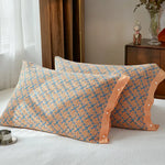 Orange B pattern Snap-On Cotton Gauze Pillowcase Set - Full Coverage Non-Slip Easy Closure (One pair without pillow