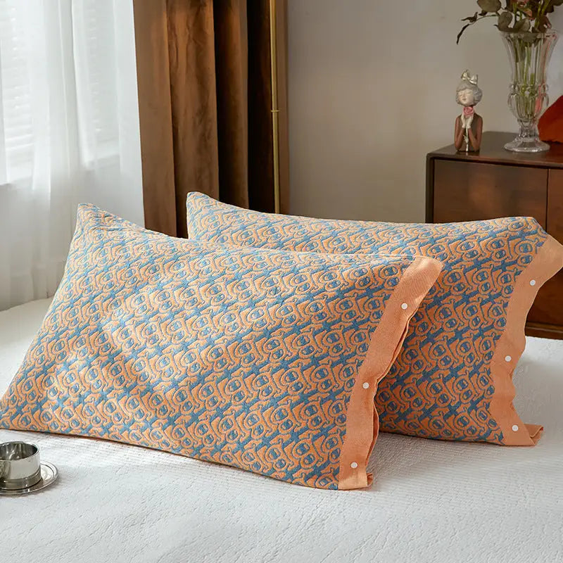 Orange B pattern Snap-On Cotton Gauze Pillowcase Set - Full Coverage Non-Slip Easy Closure (One pair without pillow