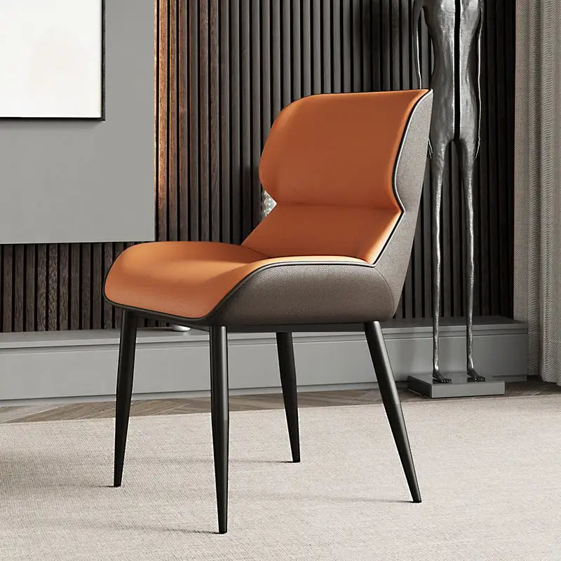 Orange Brown Italian Minimal List Dining Chairs PU Retro Chair Cafe Kitchen Modern Metal Legs x2 - Furniture > Dining