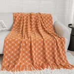Orange Cozy Geometric Knitted Throw Blanket with Tassels - Soft Acrylic Decorative Sofa & Bed Cover 130x180cm - Home &