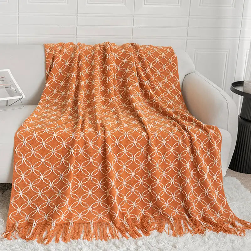 Orange Cozy Geometric Knitted Throw Blanket with Tassels - Soft Acrylic Decorative Sofa & Bed Cover 130x180cm - Home &