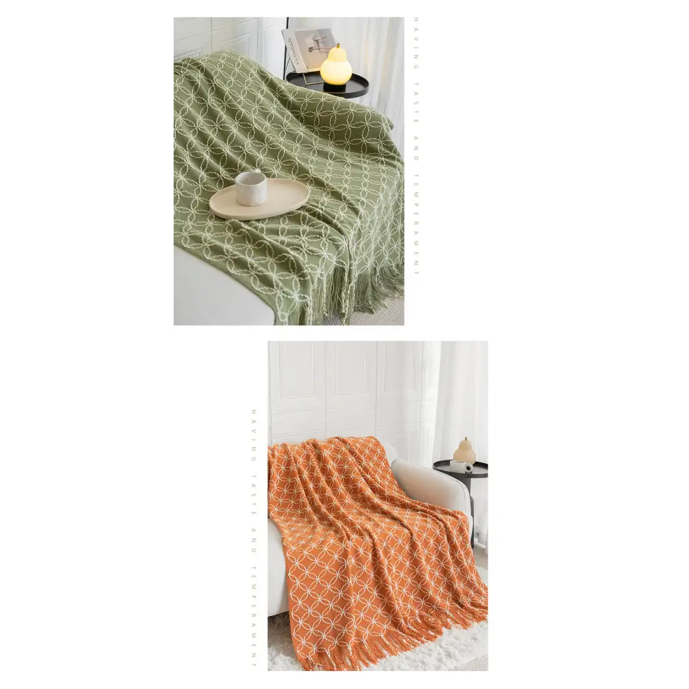 Orange Cozy Geometric Knitted Throw Blanket with Tassels - Soft Acrylic Decorative Sofa & Bed Cover 130x180cm - Home &