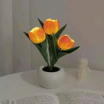 Orange Flowers USB Tulip Night Light - Bedroom Decor Table Lamp with PU Flowers & Ceramic Pot Perfect Gift for Family &