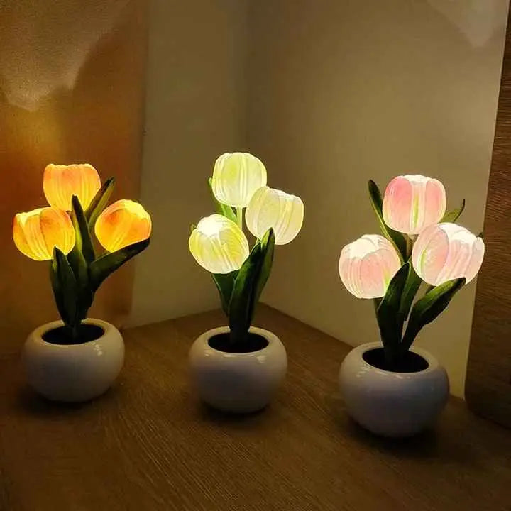 Orange Flowers USB Tulip Night Light - Bedroom Decor Table Lamp with PU Flowers & Ceramic Pot Perfect Gift for Family &