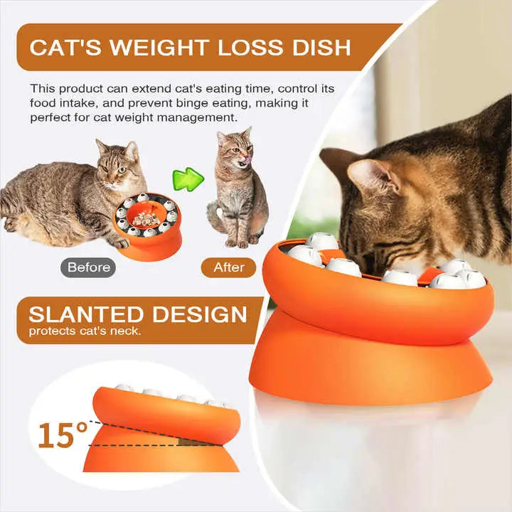 Orange Interactive Slow Feeder Cat Bowl - 15° Tilt Design Puzzle Feeder for Healthy Eating - Pet Care > Cat Supplies >