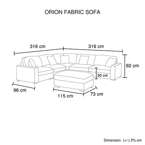 Orion Corner Sofa Premium Fabric Upholstery Padded Seat Wooden Frame Rubber Wooden Legs with Ottoman - Furniture > Bar
