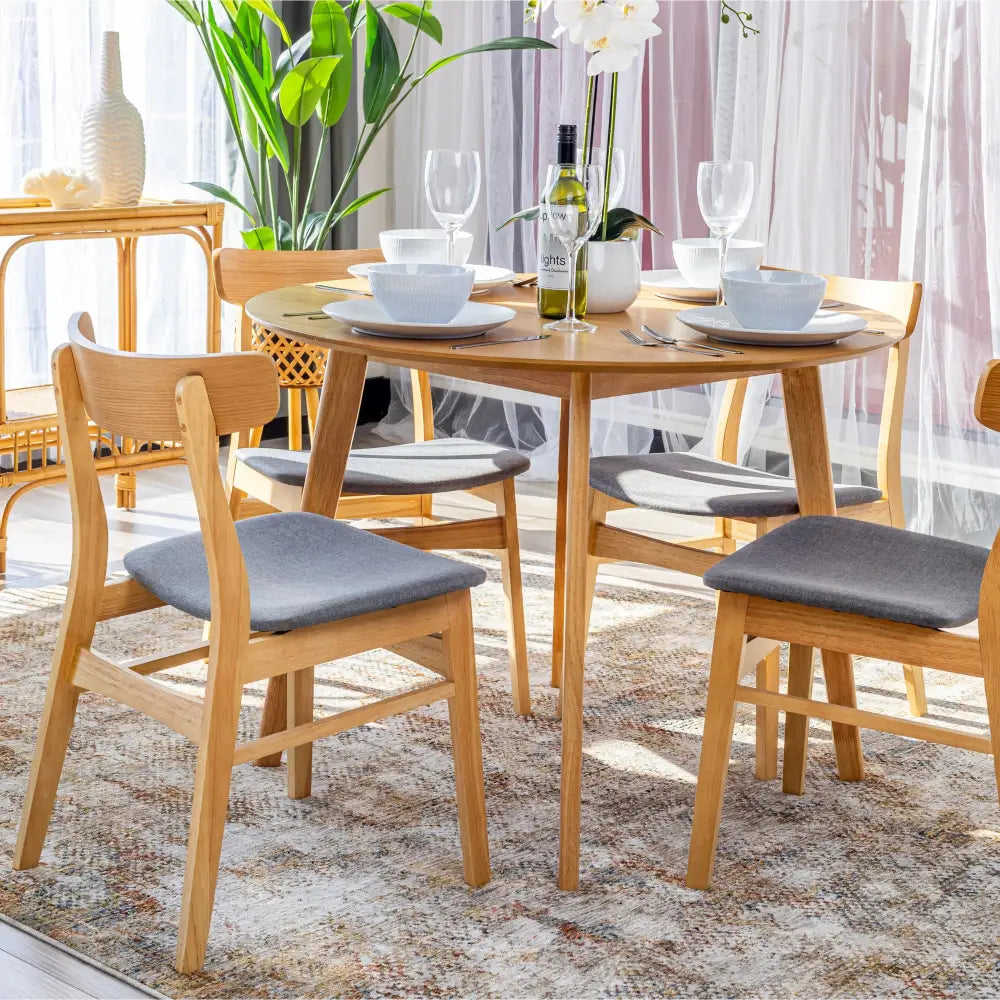 Oscar 5pc Dining Set 100cm Round Table 4 Chair Fabric Seat Scandinavian Style - Furniture > Dining