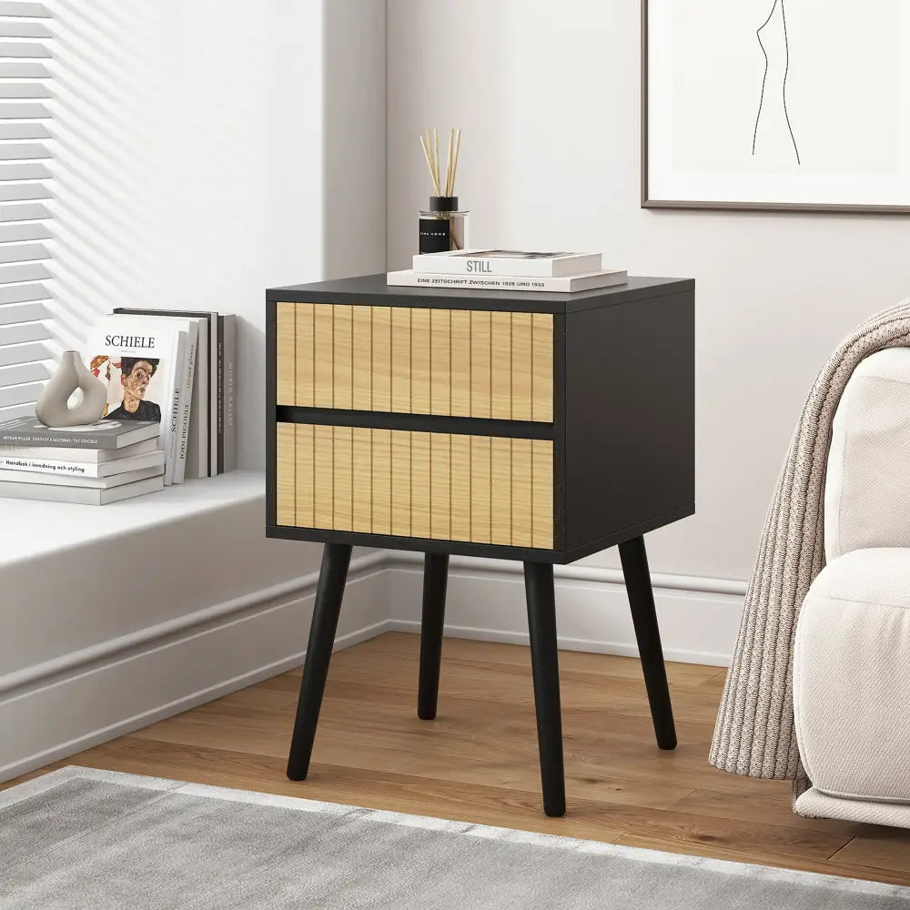 Oslo Bedside Table with 2 Drawer in Black & Natural - Furniture > Living Room