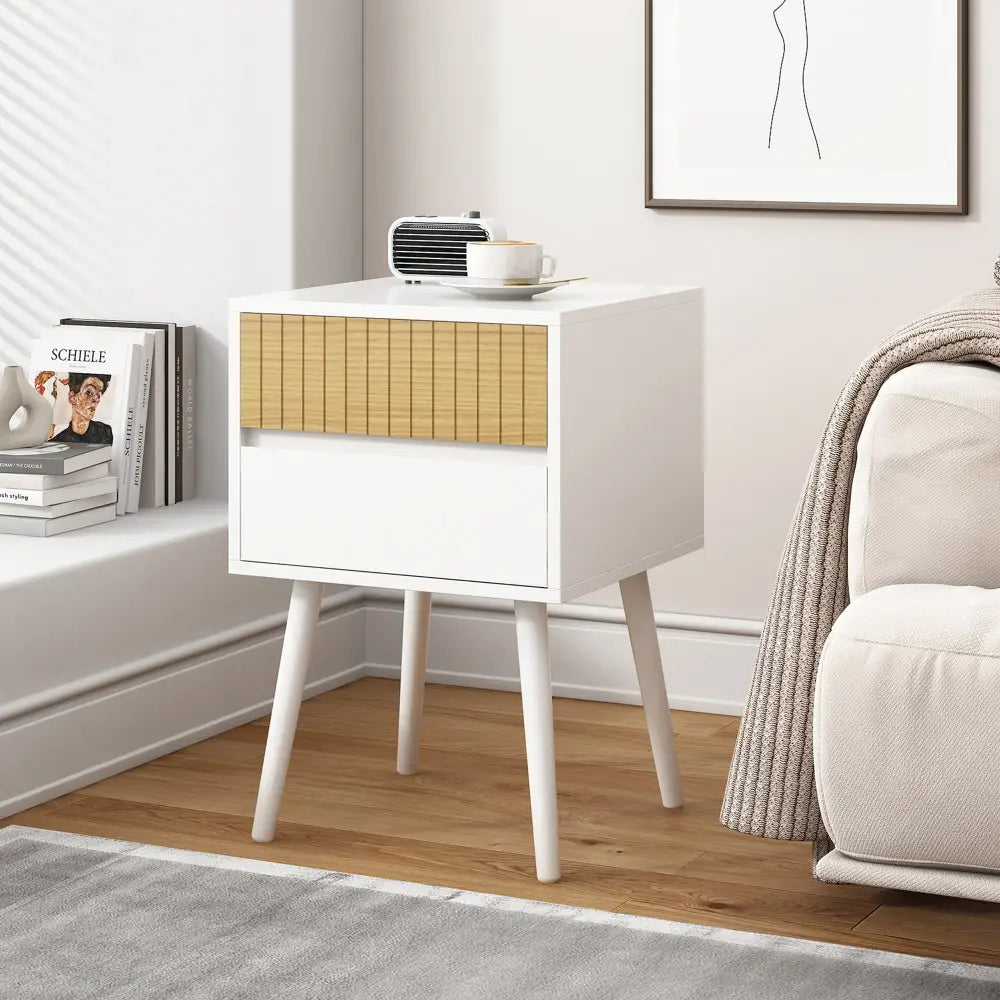 Oslo Bedside Table with 2 Drawer in White & Natural - Furniture > Living Room