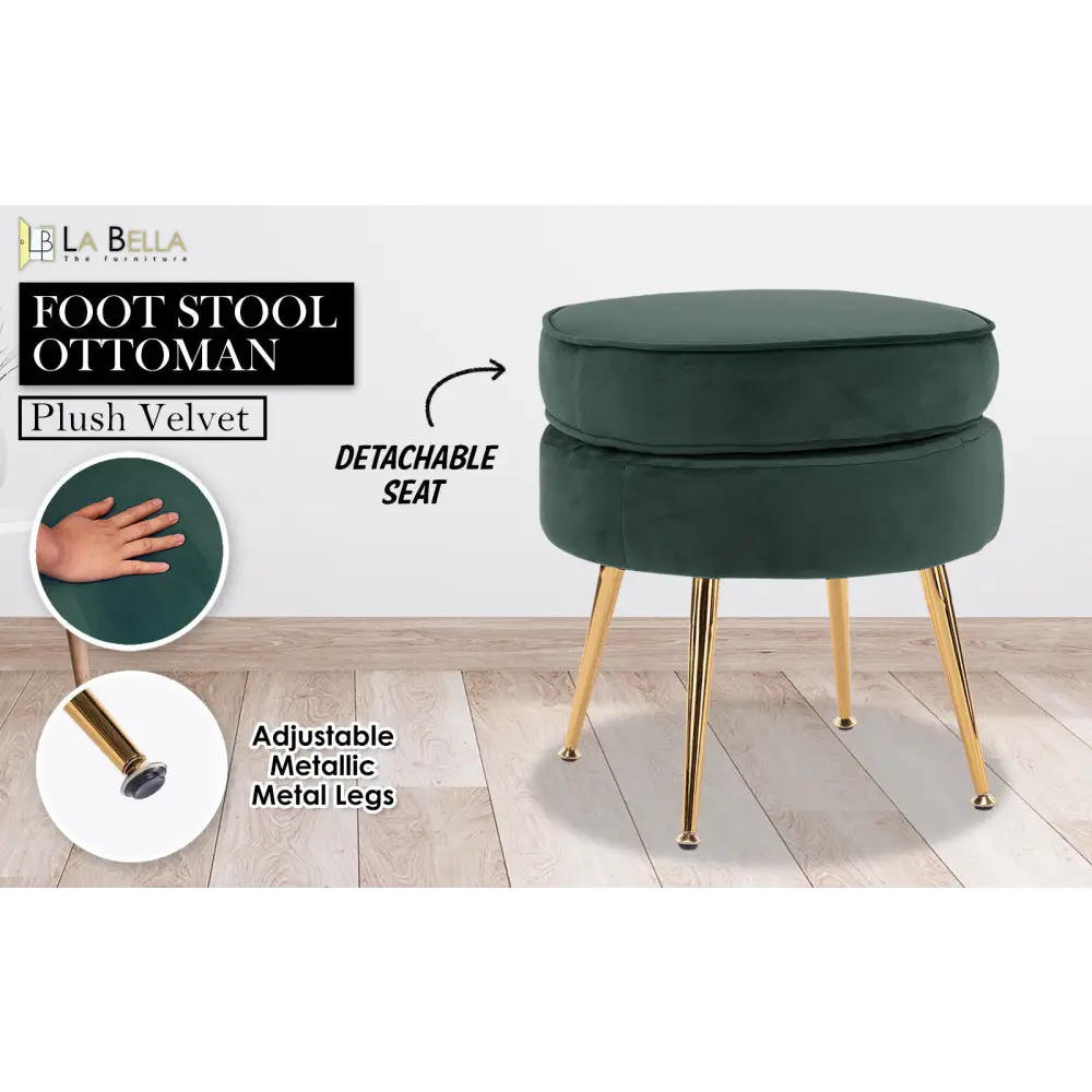 Ottoman Foot Stool Velvet Fabric Metal Leg Round GREEN - Furniture > Living Room