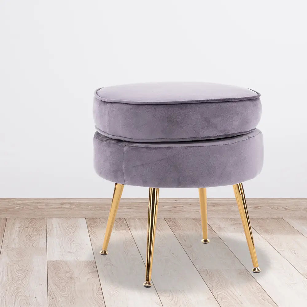 Ottoman Foot Stool Velvet Fabric Metal Leg Round GREY - Furniture > Bedroom > Bedside Tables