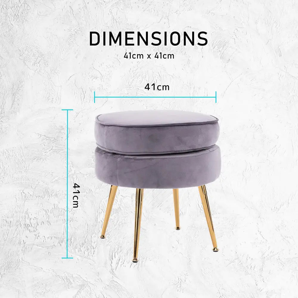 Ottoman Foot Stool Velvet Fabric Metal Leg Round GREY - Furniture > Bedroom > Bedside Tables
