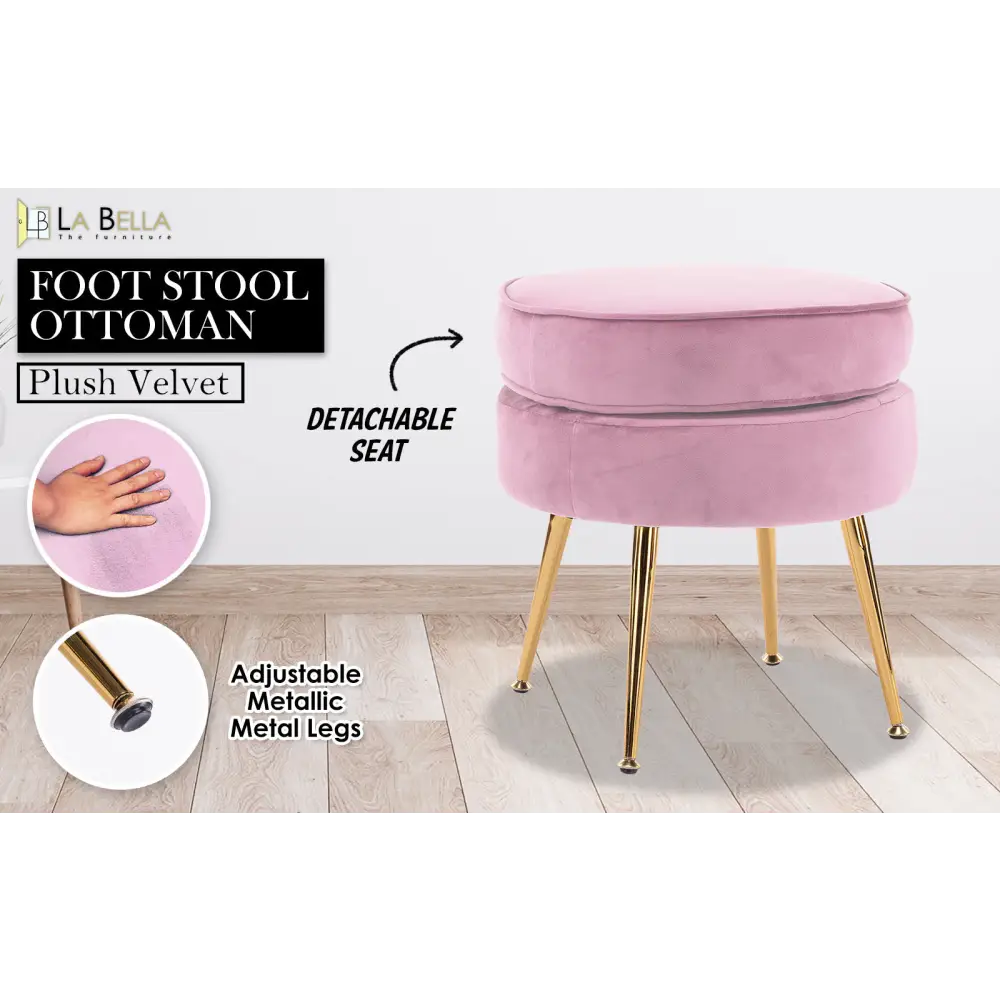 Ottoman Foot Stool Velvet Fabric Metal Leg Round PINK - Furniture > Living Room