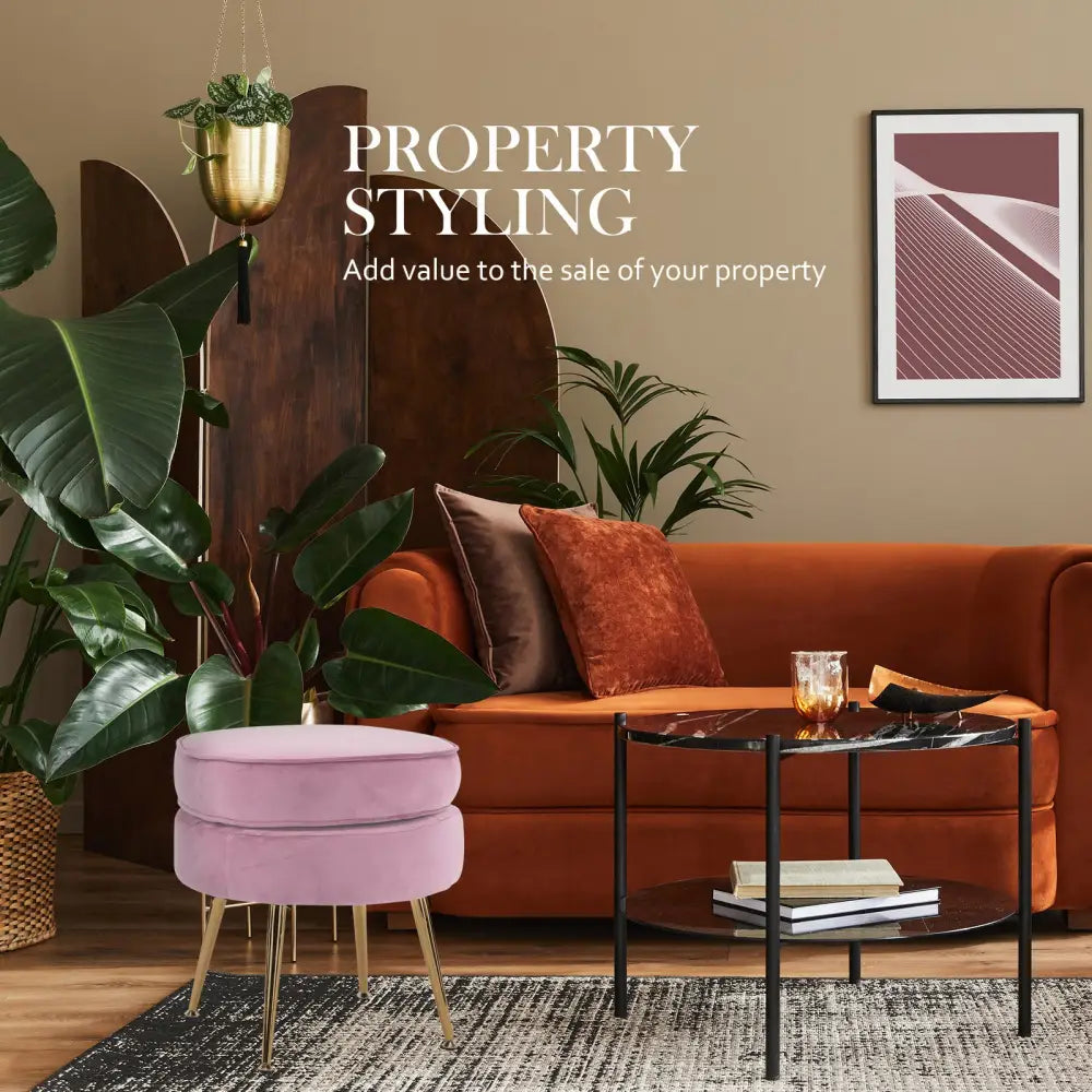 Ottoman Foot Stool Velvet Fabric Metal Leg Round PINK - Furniture > Living Room