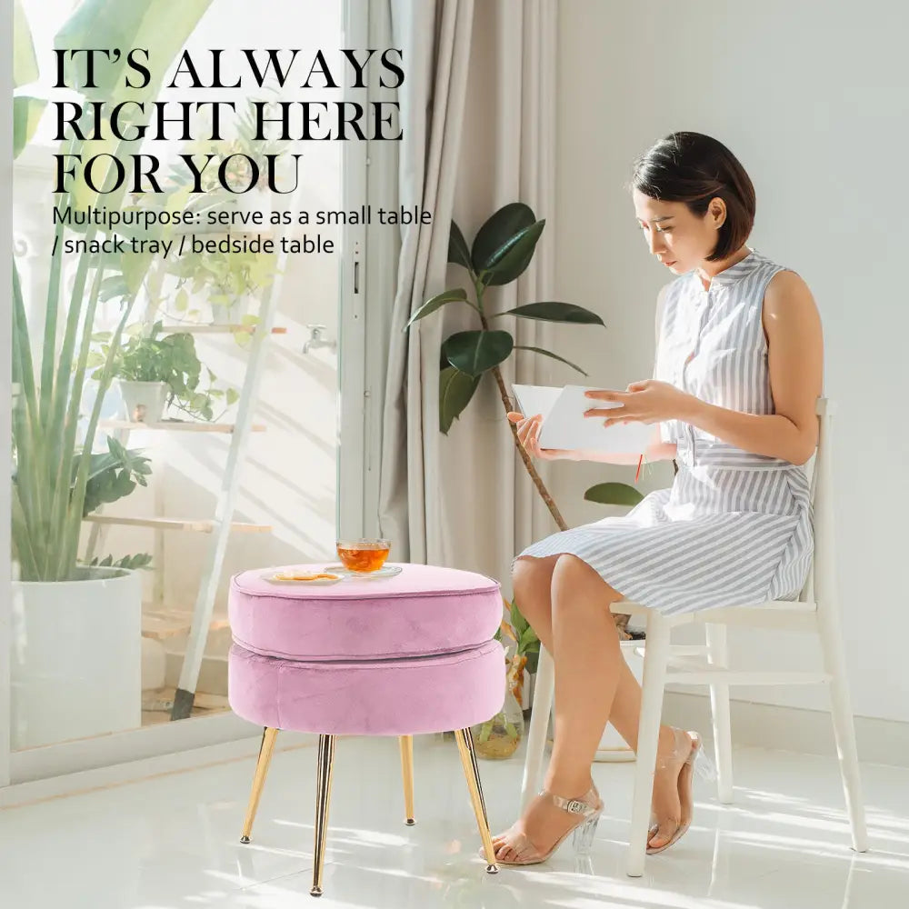 Ottoman Foot Stool Velvet Fabric Metal Leg Round PINK - Furniture > Living Room