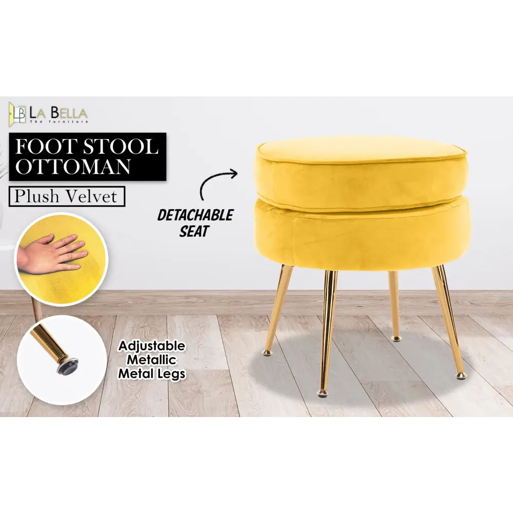 Ottoman Foot Stool Velvet Fabric Metal Leg Round YELLOW - Furniture > Living Room