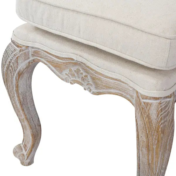 Ottoman Linen Fabric Beige Oak Wood White Washed Finish - Furniture > Living Room