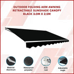 Outdoor Folding Arm Awning Retractable Sunshade Canopy Black 3.0m x 2.5m - Home & Garden > Shading