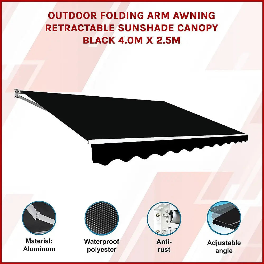 Outdoor Folding Arm Awning Retractable Sunshade Canopy Black 4.0m x 2.5m - Home & Garden > Shading