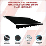 Outdoor Folding Arm Awning Retractable Sunshade Canopy Black 4.0m x 3.0m - Home & Garden > Shading