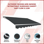Outdoor Folding Arm Awning Retractable Sunshade Canopy Grey 3.0m x 2.5m - Home & Garden > Shading