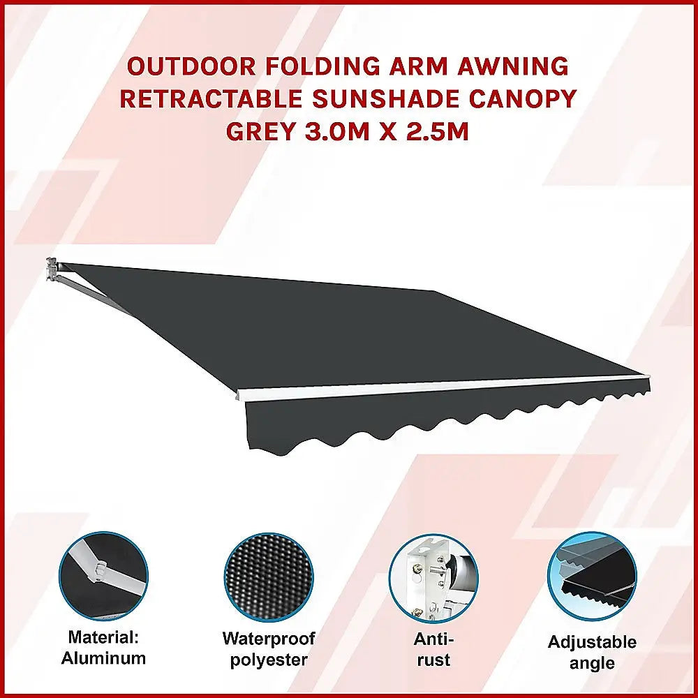 Outdoor Folding Arm Awning Retractable Sunshade Canopy Grey 3.0m x 2.5m - Home & Garden > Shading