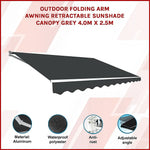 Outdoor Folding Arm Awning Retractable Sunshade Canopy Grey 4.0m x 2.5m - Home & Garden > Shading