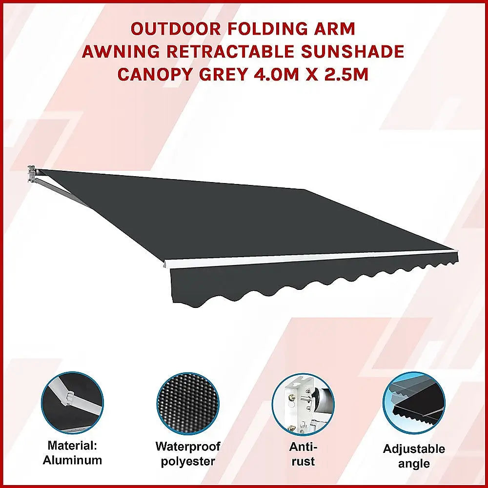 Outdoor Folding Arm Awning Retractable Sunshade Canopy Grey 4.0m x 2.5m - Home & Garden > Shading