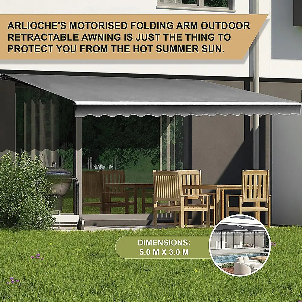 Outdoor Folding Arm Awning Retractable Sunshade Canopy Grey 5.0m x 3.0m - Home & Garden > Shading